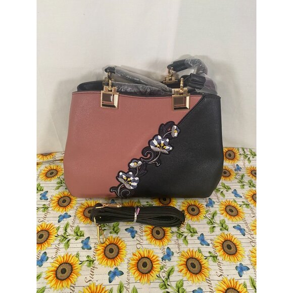 Elda Women's Shoulder Satchel with Embroidery Mauve & Black New w/o Tags - Picture 4 of 6
